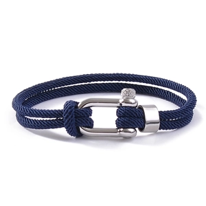 Men's double-layered dark blue woven rope bracelet with silver stainless steel U-shaped shackle