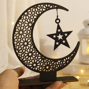 Eid Ramadan crescent moon and star cutout wooden ornament for minimalist home wall decor