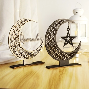 Wood Ramadan Eid Moon Star Ornament Hollow Geometric Pattern Wood Craft For Islamic Muslim Party Home Wall Desktop Decoration