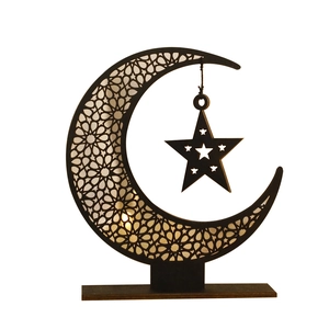 Moon and star hollow wood craft ornament with LED warm light for home wall decoration
