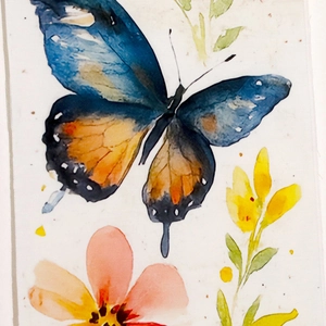 Detailed macro view of watercolor butterfly and floral print on textured linen canvas fabric
