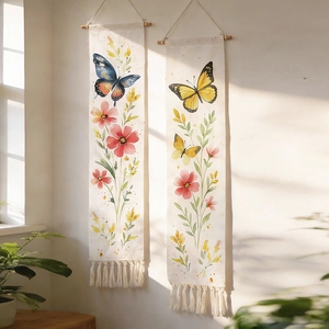 Bohemian Cotton Macrame Butterfly Floral Print Wall Hanging Tapestry With Wood Pole Tassel Decorative Art Poster For Home Decor