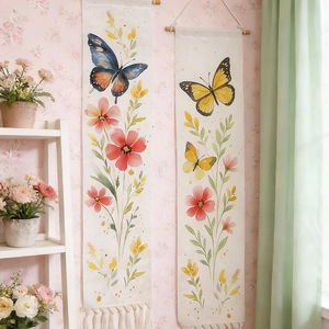 Bohemian butterfly print wall hanging set with handmade tassels and wooden rod for decor