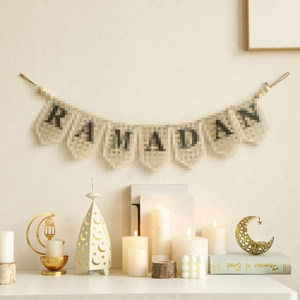 Bohemian Ramadan burlap banner and gold crescent moon candle holder set for home decor