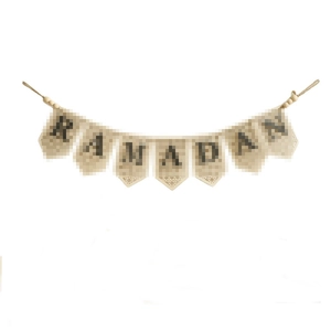 Bohemian wooden Ramadan hanging banner with laser-cut pentagon flags and decorative beads