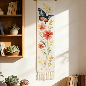 Bohemian handwoven butterfly tapestry with colorful floral print and elegant white tassels