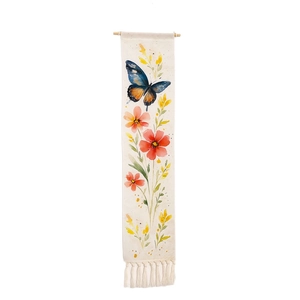 Bohemian butterfly print wall tapestry with cotton fringe and wooden hanging pole
