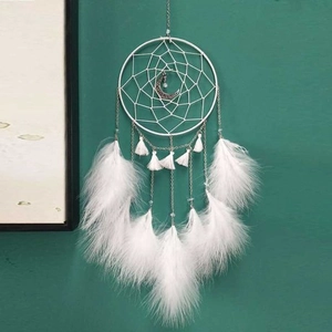 Detailed close-up of white bohemian dreamcatcher featuring silver moon pendant and soft feathers