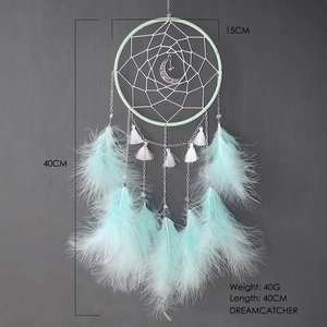 Detail showing 15cm dreamcatcher with mint green feathers and silver moon pendant