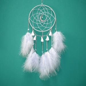 Detailed close-up of handmade dreamcatcher with silver moon pendant and white feathers