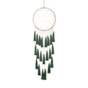 Handmade Bohemian dream catcher with intricate geometric mandala pattern and green tassels