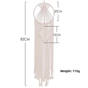 Detail view of handmade woven macrame dream catcher showing dimensions 85cm by 20cm