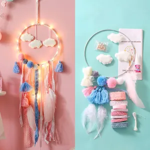 Dreamy Cloud Dream Catcher With LED Light Pink Blue Feathers Lace Ribbon Handmade Wall Hanging Home Decoration Gift