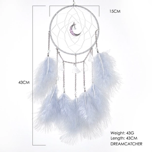 Handmade moon dreamcatcher with blue and white feathers and silver frame decor