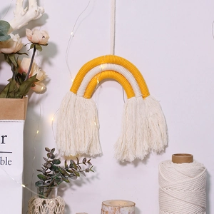 Bohemian handmade rainbow wall hanging with yellow and white cotton rope tassels