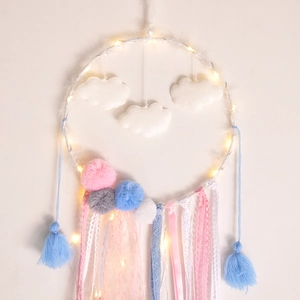 Cloud dream catcher wall decor with warm LED lights and colorful pompoms on white ring