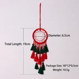 Handmade Christmas dreamcatcher ornament in red and green, size 19cm by 6.5cm