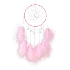 Pink and white moon dreamcatcher with handmade feathers and beads for home decor