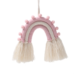 Suspension murale arc-en-ciel bohème avec pompons roses pour décoration de chambre