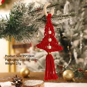Detail of red macrame Christmas tree ornament with white wood beads and tassel