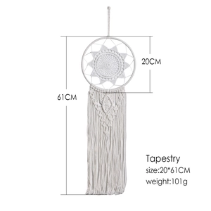 Handmade bohemian macrame dreamcatcher tapestry with white tassels for wall hanging decor