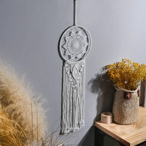 Handmade Bohemian cotton macrame dream catcher wall hanging with woven fringe tassels