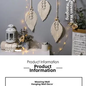 Close-up of handmade macrame leaf wall hanging set with cotton tassels and wooden beads
