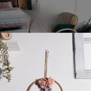 Detail of Nordic wall-mounted hoop with artificial pink roses and natural hemp rope