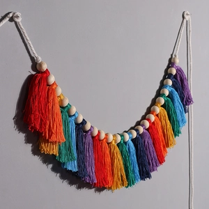 Colorful macrame rainbow tassel wall hanging with wooden beads for home decor