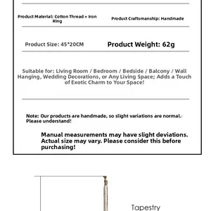Detailed specification of handmade Nordic cotton wall hanging with size 45x20cm and materials
