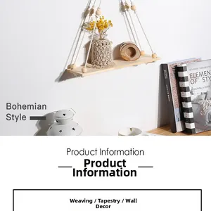 Detail of bohemian wood hanging shelf with woven cotton rope and decorative beads on wall