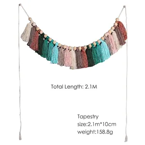 Handmade 2.1m macrame wall hanging with colorful cotton tassels and natural wooden beads