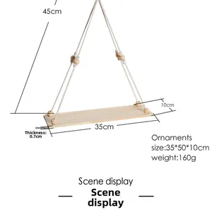 Detailed view of bohemian macrame wall shelf with 35cm wooden board and cotton rope