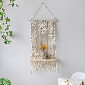 Bohemian handmade woven macrame wall hanging shelf with wood board for home decor