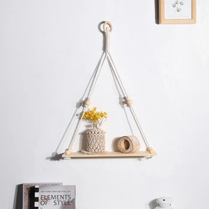Bohemian woven macrame wall hanging shelf with wooden beads and tassels for home decor