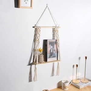 Bohemian Macrame Wall Hanging Shelf Handmade Woven Cotton Rope Wood Floating Shelves Home Decor Plant Display Storage Rack