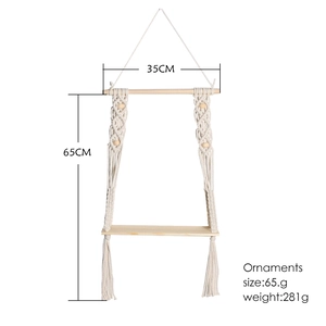 Bohemian woven macrame wall hanging shelf with wooden beads and white cotton tassels