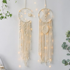 Handmade bohemian owl moon dream catcher with warm LED light strings for wall decor