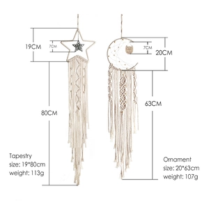 Detailed dimensions of woven star and moon dreamcatchers with owl decor and beads