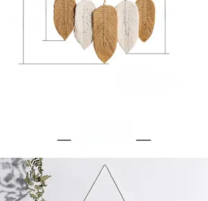 Detail of handmade woven leaf tapestry with cotton macrame feathers and wooden beads
