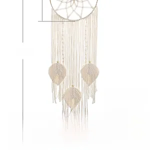 Detail view of woven leaf dreamcatcher decor showing dimensions 80x25cm and cotton texture