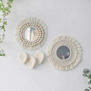 Espejos de pared de macramé bohemios tejidos a mano con borlas de hojas y cuentas madera