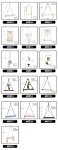 Detailed catalog showing 16 bohemian handwoven macrame wall shelves with wooden boards