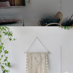 Detailed view of hand-woven cotton macrame wall hanging with intricate diamond patterns