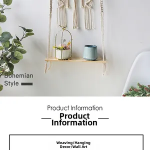 Detail view of Bohemian woven tapestry wall shelf featuring cotton rope tassels and light wood