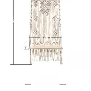 Detail view of woven wall shelf with dimensions 65x35cm and wood board depth 10cm