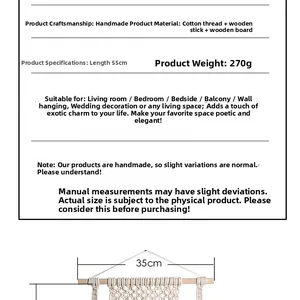 Detail specifications and dimensions of the hand-woven cotton bohemian tapestry wall shelf
