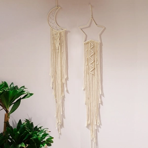 Bohemian moon and star handmade woven cotton dreamcatcher wall hanging with long tassels