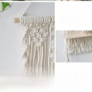 Macro detail of Bohemian hand-woven cotton tapestry texture and solid wood shelf board