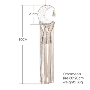 Detail of moon dreamcatcher with handmade white cotton tassels and size measurement
